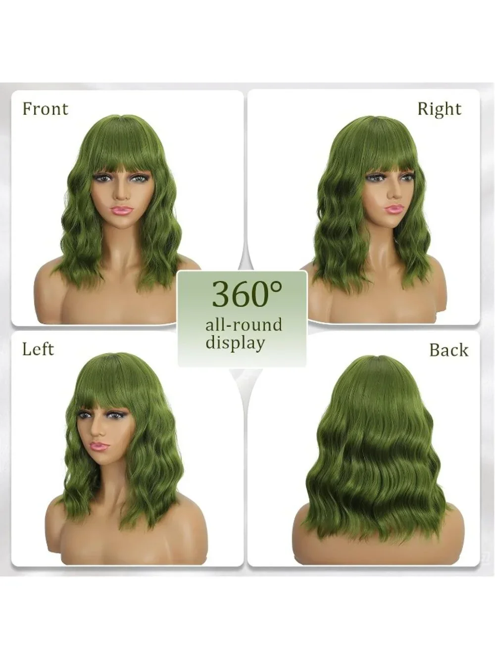 Women's Green 14 Inch Heat Resistant Synthetic Short Wavy Bob Wigs Bangs